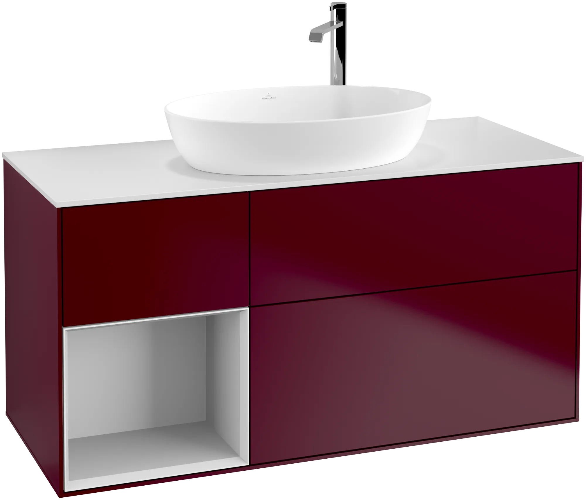 Picture of VILLEROY BOCH Finion Vanity unit, with lighting, 3 pull-out compartments, 1200 x 603 x 501 mm, Peony Matt Lacquer / White Matt Lacquer / Glass White Matt #G941MTHB