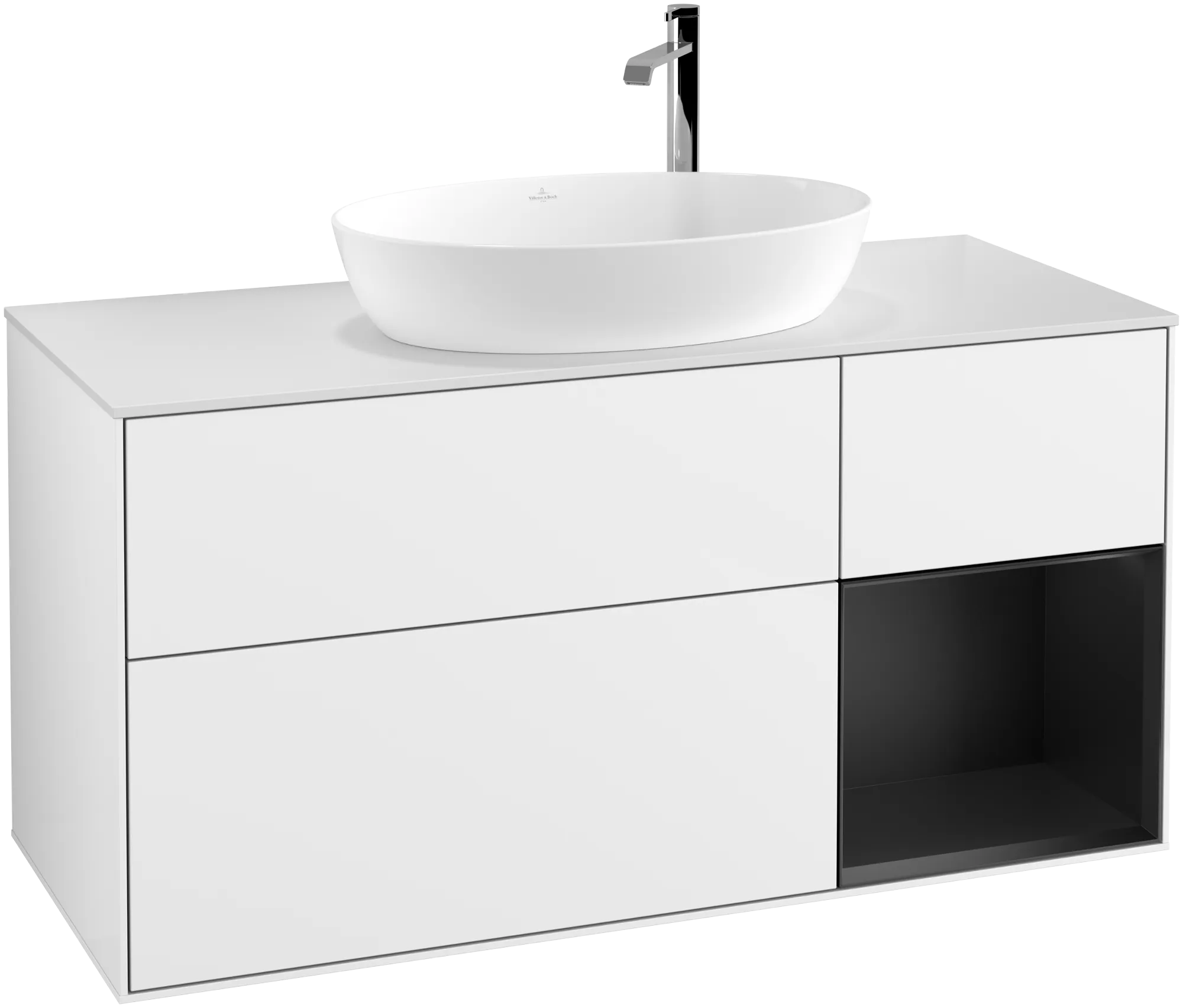 Picture of VILLEROY BOCH Finion Vanity unit, with lighting, 3 pull-out compartments, 1200 x 603 x 501 mm, Glossy White Lacquer / Black Matt Lacquer / Glass White Matt #G951PDGF