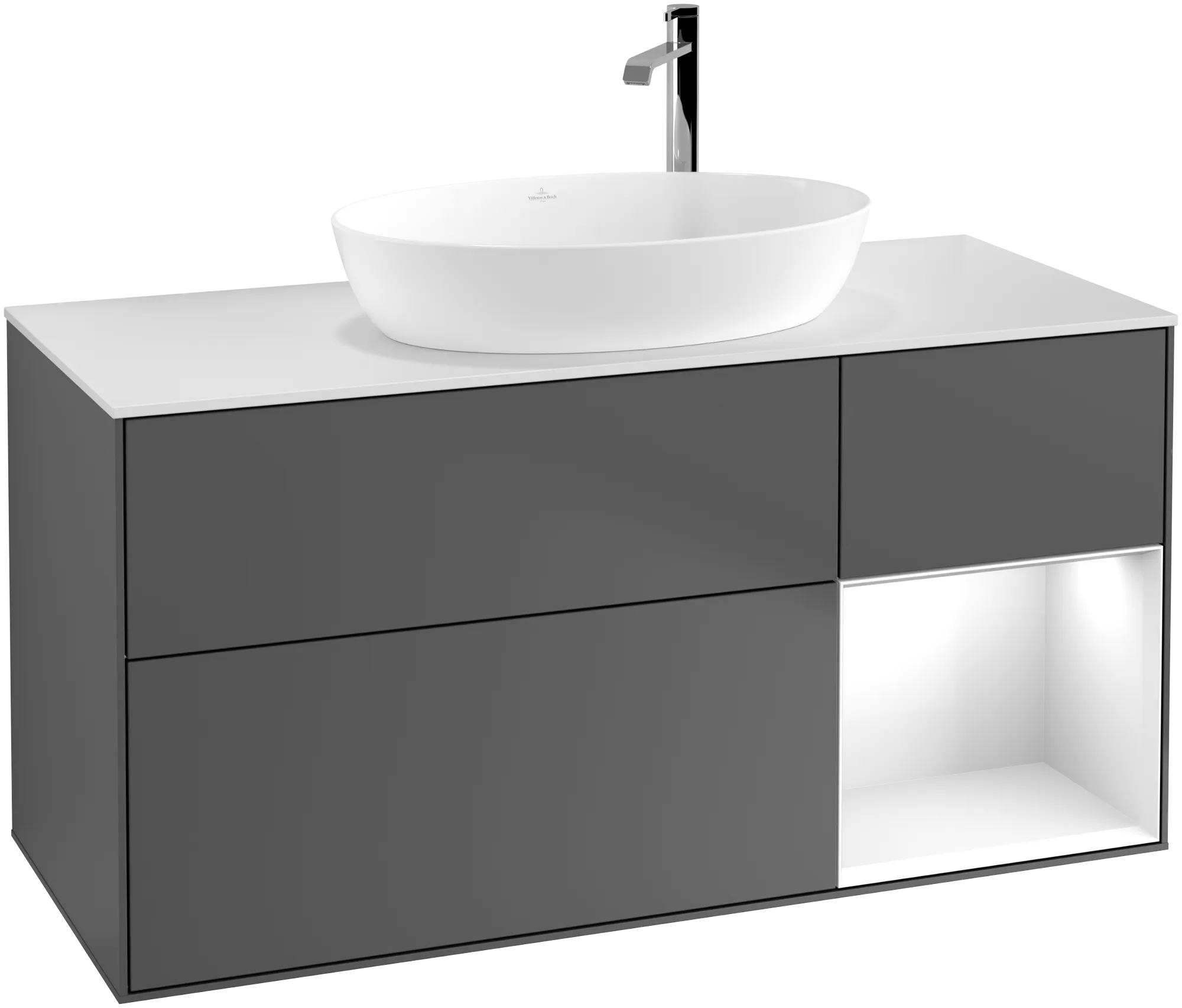 Picture of VILLEROY BOCH Finion Vanity unit, with lighting, 3 pull-out compartments, 1200 x 603 x 501 mm, Anthracite Matt Lacquer / Glossy White Lacquer / Glass White Matt #G951GFGK