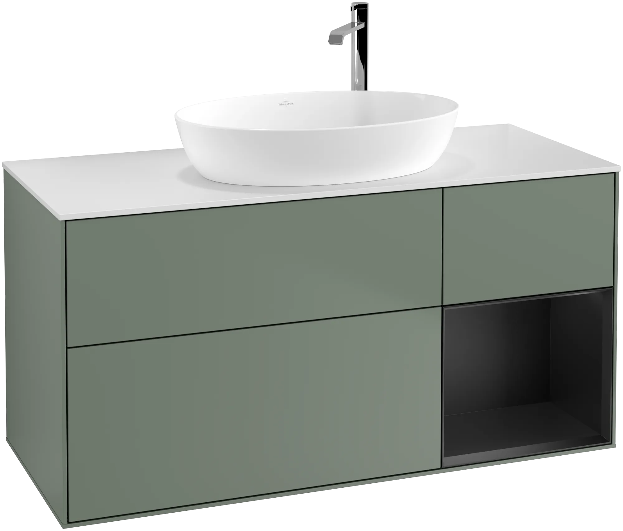 Picture of VILLEROY BOCH Finion Vanity unit, with lighting, 3 pull-out compartments, 1200 x 603 x 501 mm, Olive Matt Lacquer / Black Matt Lacquer / Glass White Matt #G951PDGM