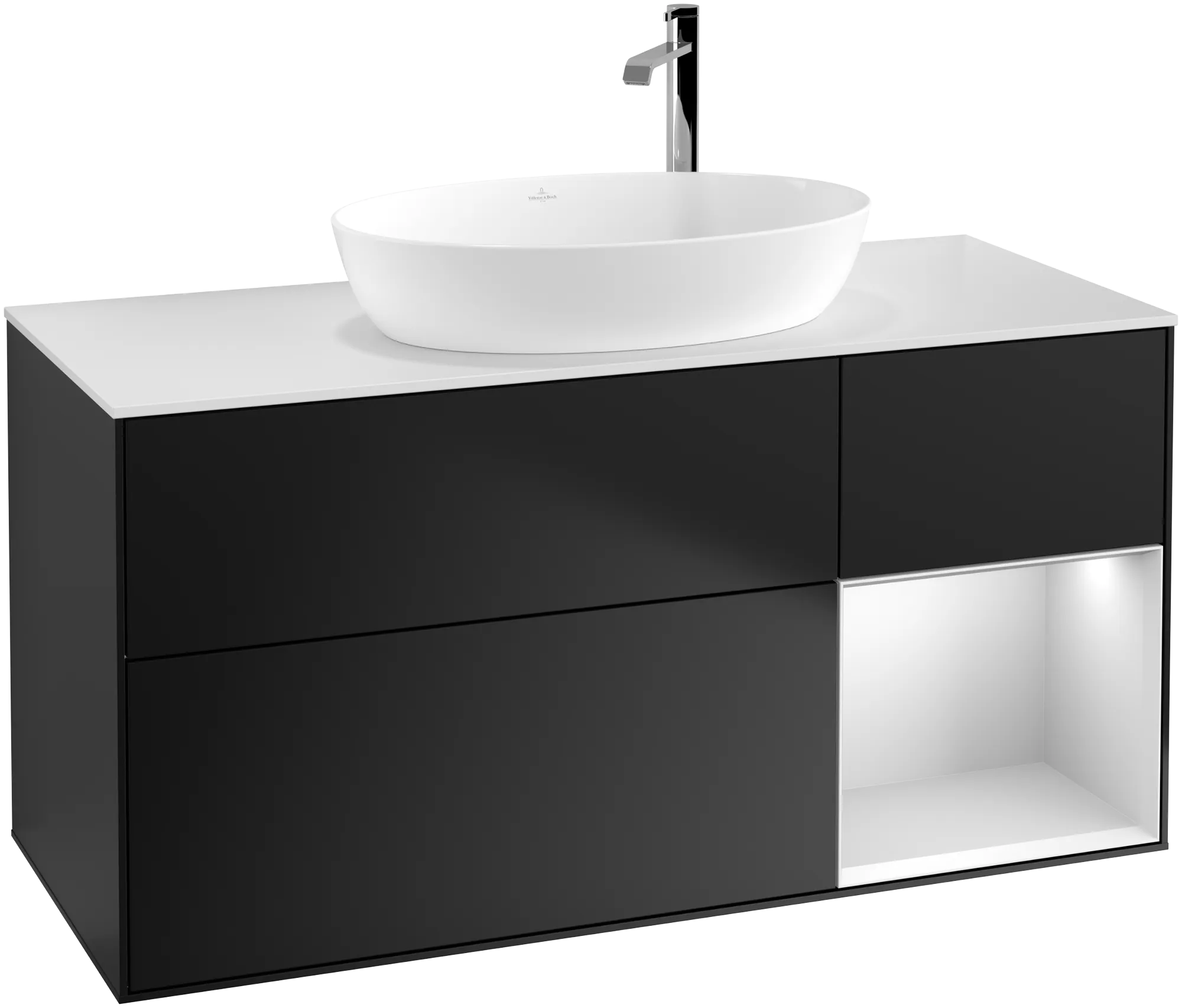 Picture of VILLEROY BOCH Finion Vanity unit, with lighting, 3 pull-out compartments, 1200 x 603 x 501 mm, Black Matt Lacquer / White Matt Lacquer / Glass White Matt #G951MTPD