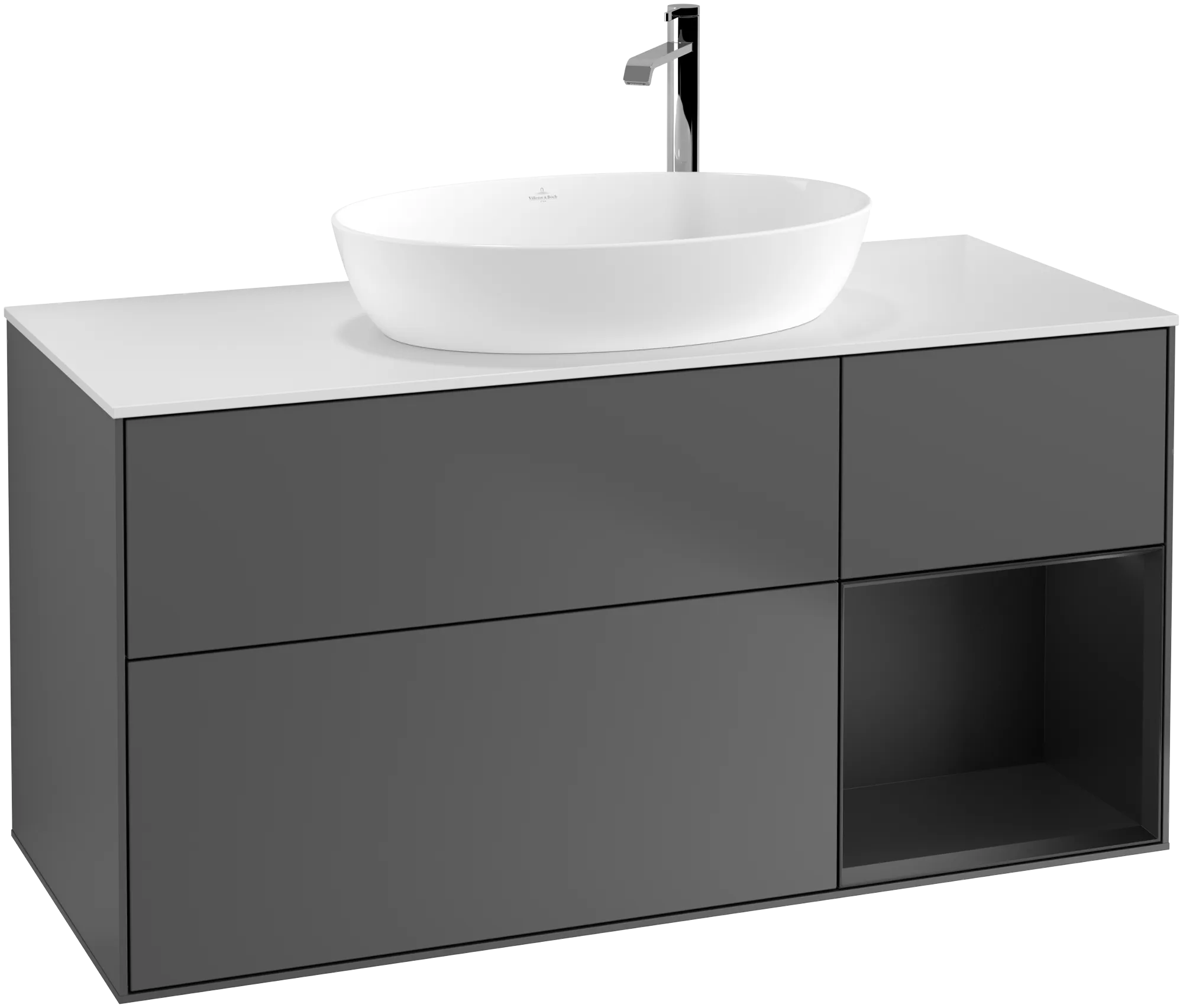 Picture of VILLEROY BOCH Finion Vanity unit, with lighting, 3 pull-out compartments, 1200 x 603 x 501 mm, Anthracite Matt Lacquer / Black Matt Lacquer / Glass White Matt #G951PDGK