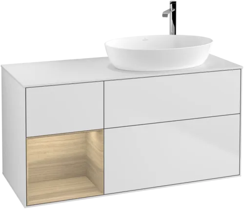 Picture of VILLEROY BOCH Finion Vanity unit, with lighting, 3 pull-out compartments, 1200 x 603 x 501 mm, White Matt Lacquer / Oak Veneer / Glass White Matt #G921PCMT
