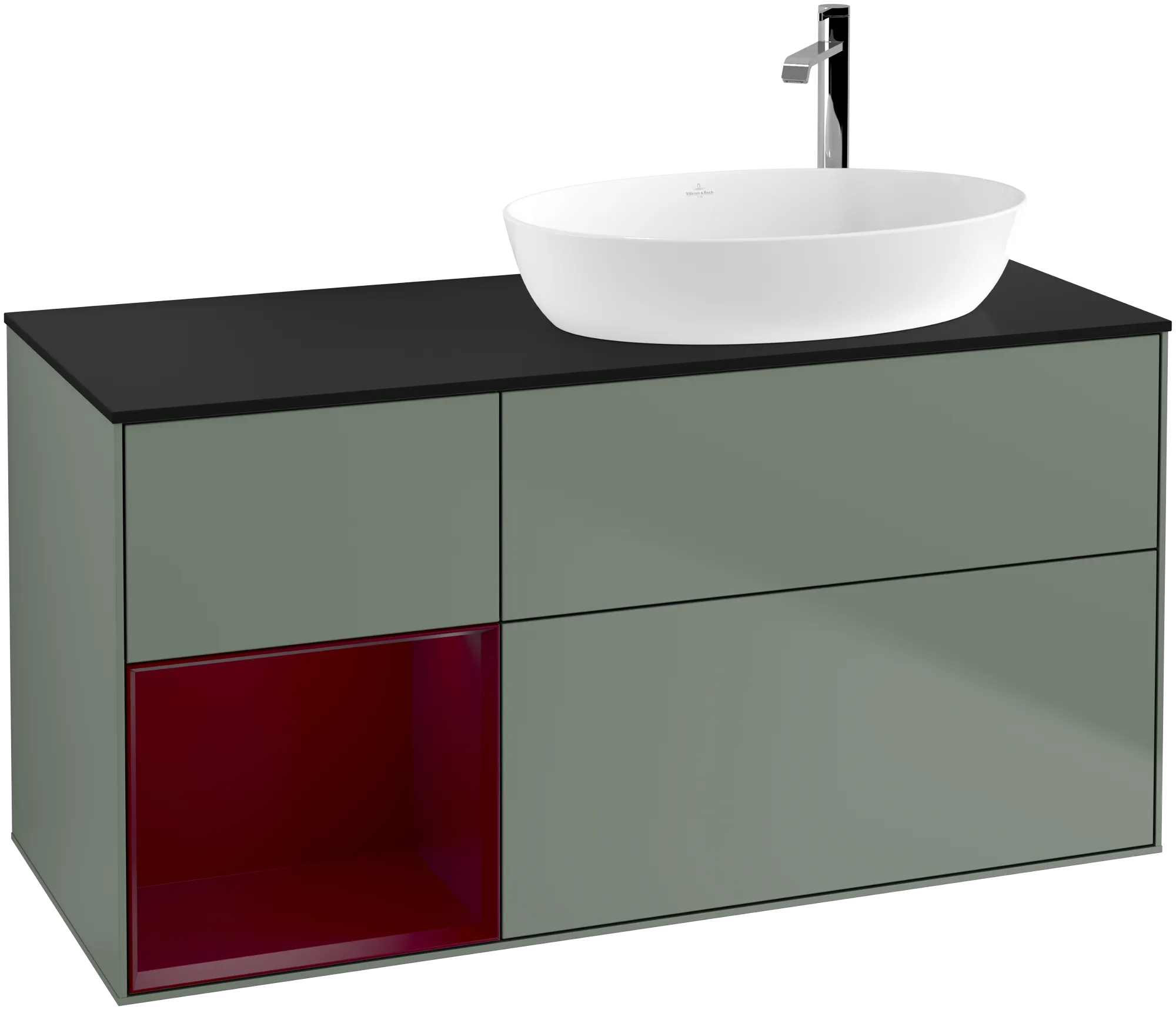 Picture of VILLEROY BOCH Finion Vanity unit, with lighting, 3 pull-out compartments, 1200 x 603 x 501 mm, Olive Matt Lacquer / Peony Matt Lacquer / Glass Black Matt #G922HBGM