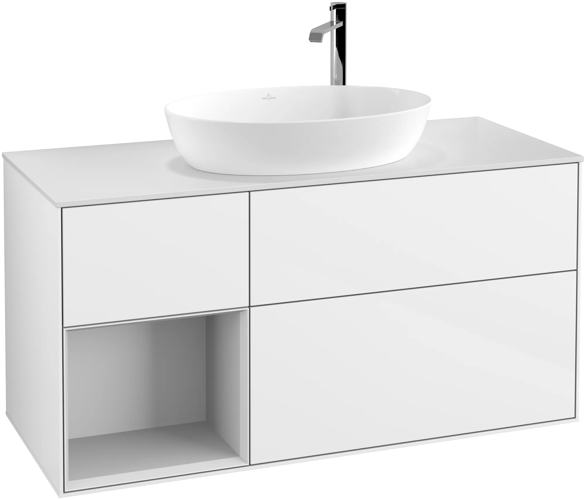 Picture of VILLEROY BOCH Finion Vanity unit, with lighting, 3 pull-out compartments, 1200 x 603 x 501 mm, Glossy White Lacquer / White Matt Lacquer / Glass White Matt #G941MTGF