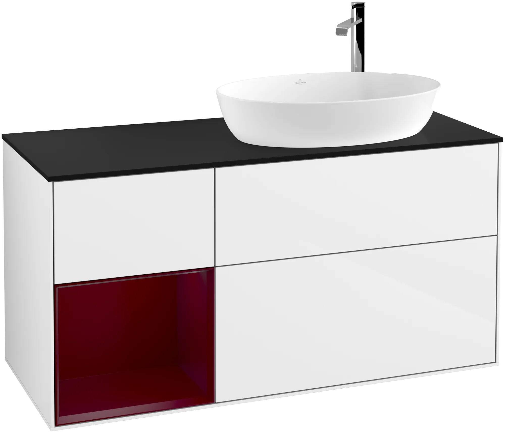 Picture of VILLEROY BOCH Finion Vanity unit, with lighting, 3 pull-out compartments, 1200 x 603 x 501 mm, Glossy White Lacquer / Peony Matt Lacquer / Glass Black Matt #G922HBGF