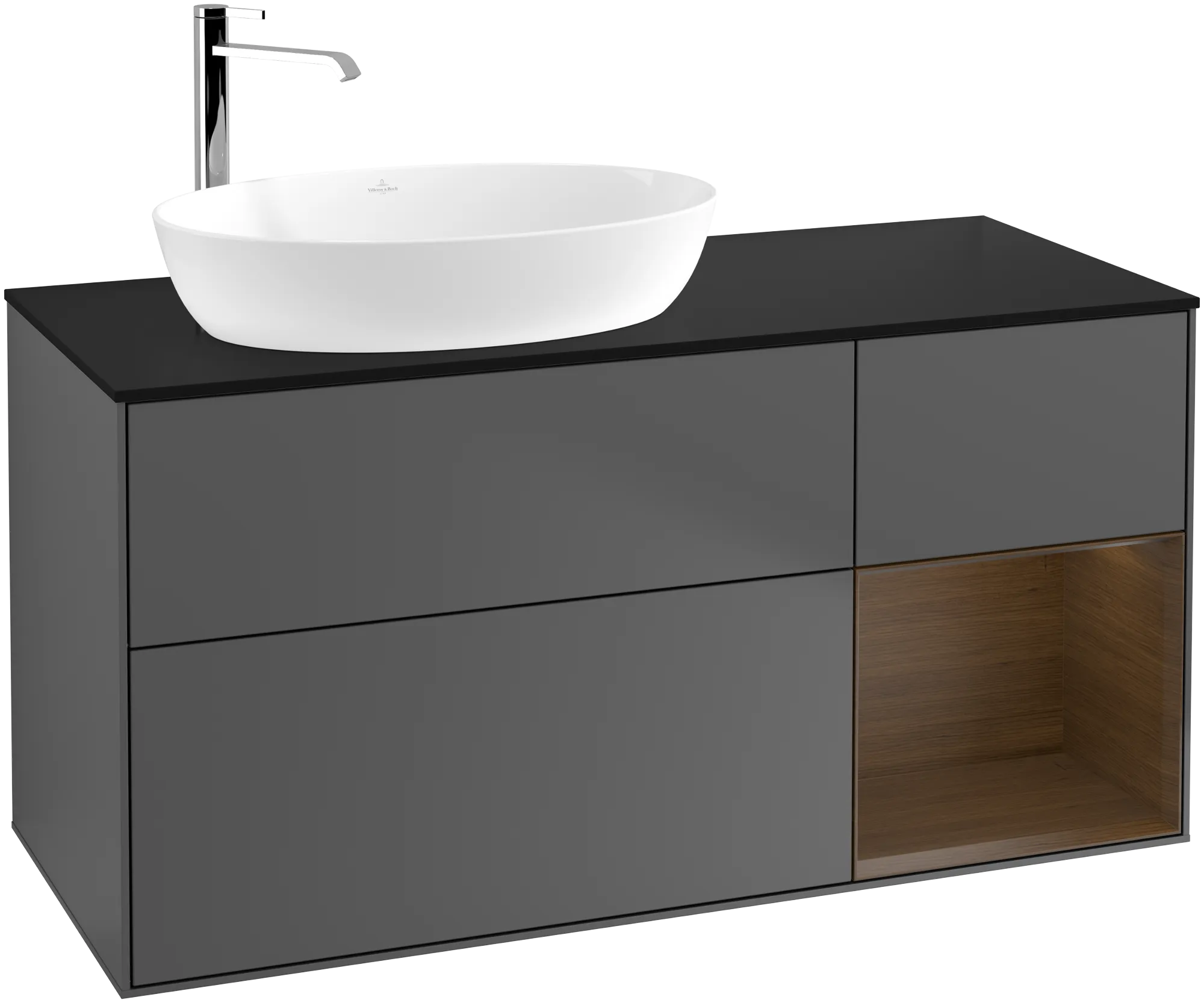 Picture of VILLEROY BOCH Finion Vanity unit, with lighting, 3 pull-out compartments, 1200 x 603 x 501 mm, Anthracite Matt Lacquer / Walnut Veneer / Glass Black Matt #G932GNGK