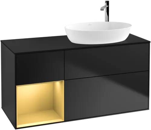 Picture of VILLEROY BOCH Finion Vanity unit, with lighting, 3 pull-out compartments, 1200 x 603 x 501 mm, Black Matt Lacquer / Gold Matt Lacquer / Glass Black Matt #G922HFPD
