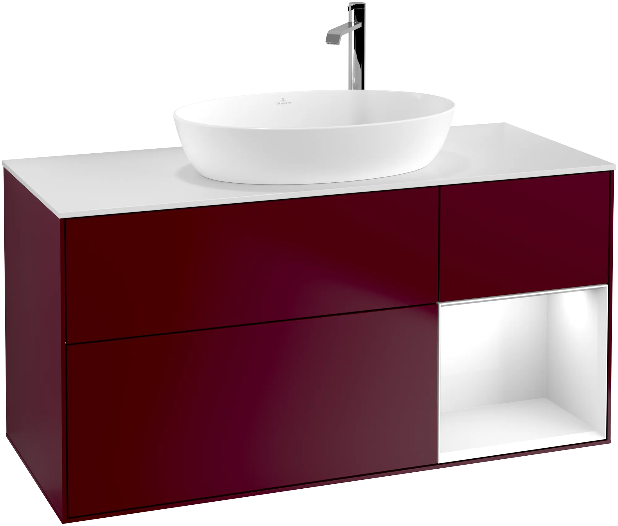 Picture of VILLEROY BOCH Finion Vanity unit, with lighting, 3 pull-out compartments, 1200 x 603 x 501 mm, Peony Matt Lacquer / Glossy White Lacquer / Glass White Matt #G951GFHB