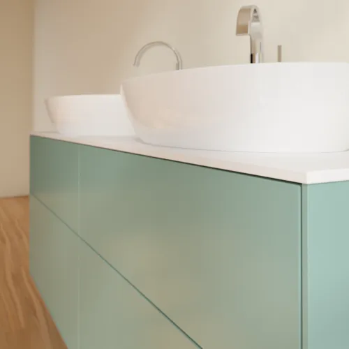 Bild von VILLEROY BOCH Finion Waschbeckenunterschrank, mit Beleuchtung, 4 Auszüge, 1600 x 603 x 501 mm, Olive Matt Lacquer / Glass White Matt #G96100GM