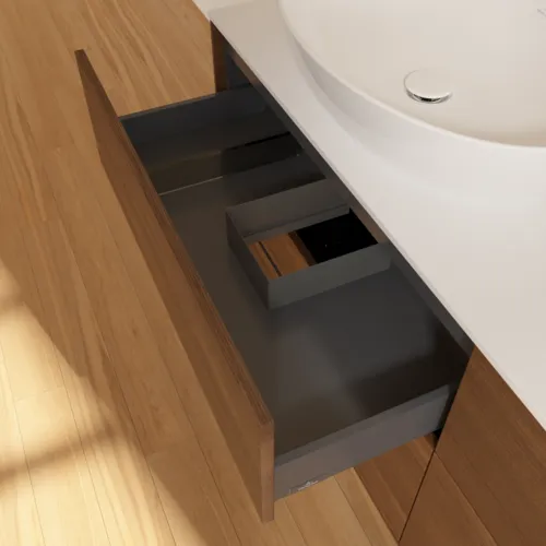 Bild von VILLEROY BOCH Finion Waschbeckenunterschrank, mit Beleuchtung, 4 Auszüge, 1600 x 603 x 501 mm, Walnut Veneer / Glass White Matt #G96100GN