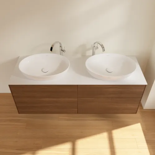 Bild von VILLEROY BOCH Finion Waschbeckenunterschrank, mit Beleuchtung, 4 Auszüge, 1600 x 603 x 501 mm, Walnut Veneer / Glass White Matt #G96100GN