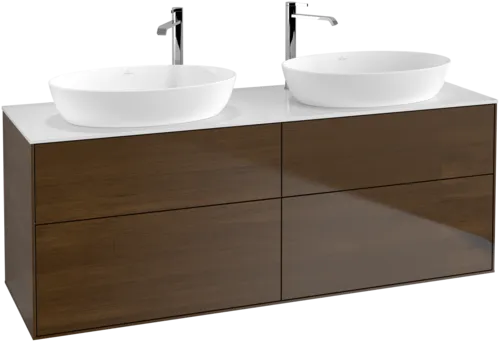 Picture of VILLEROY BOCH Finion Vanity unit, with lighting, 4 pull-out compartments, 1600 x 603 x 501 mm, Walnut Veneer / Glass White Matt #G96100GN