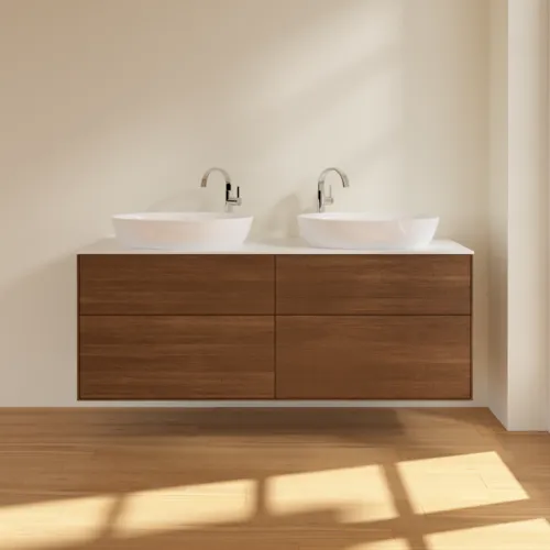 Bild von VILLEROY BOCH Finion Waschbeckenunterschrank, mit Beleuchtung, 4 Auszüge, 1600 x 603 x 501 mm, Walnut Veneer / Glass White Matt #G96100GN