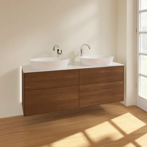 Bild von VILLEROY BOCH Finion Waschbeckenunterschrank, mit Beleuchtung, 4 Auszüge, 1600 x 603 x 501 mm, Walnut Veneer / Glass White Matt #G96100GN