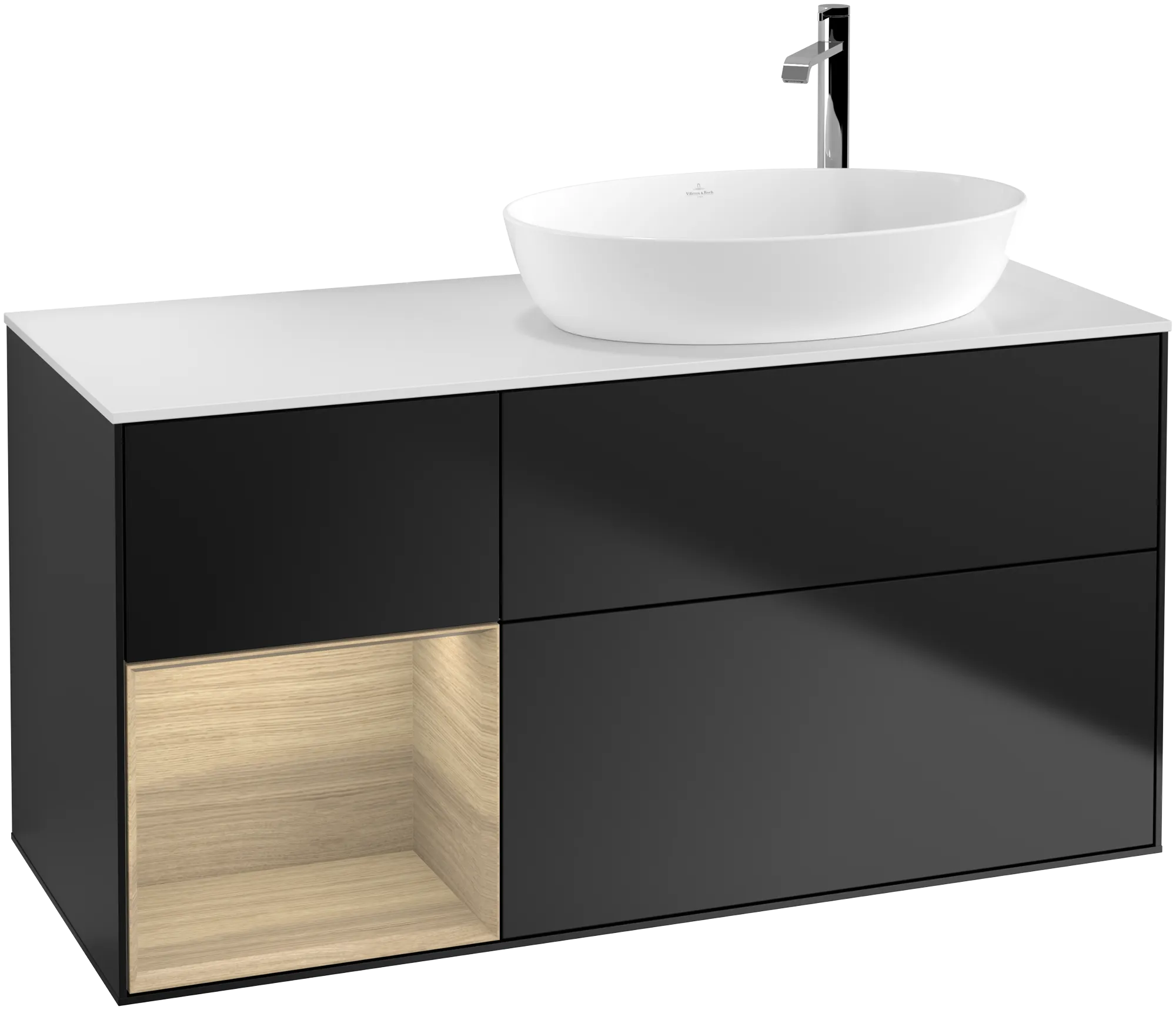 Picture of VILLEROY BOCH Finion Vanity unit, with lighting, 3 pull-out compartments, 1200 x 603 x 501 mm, Black Matt Lacquer / Oak Veneer / Glass White Matt #G921PCPD