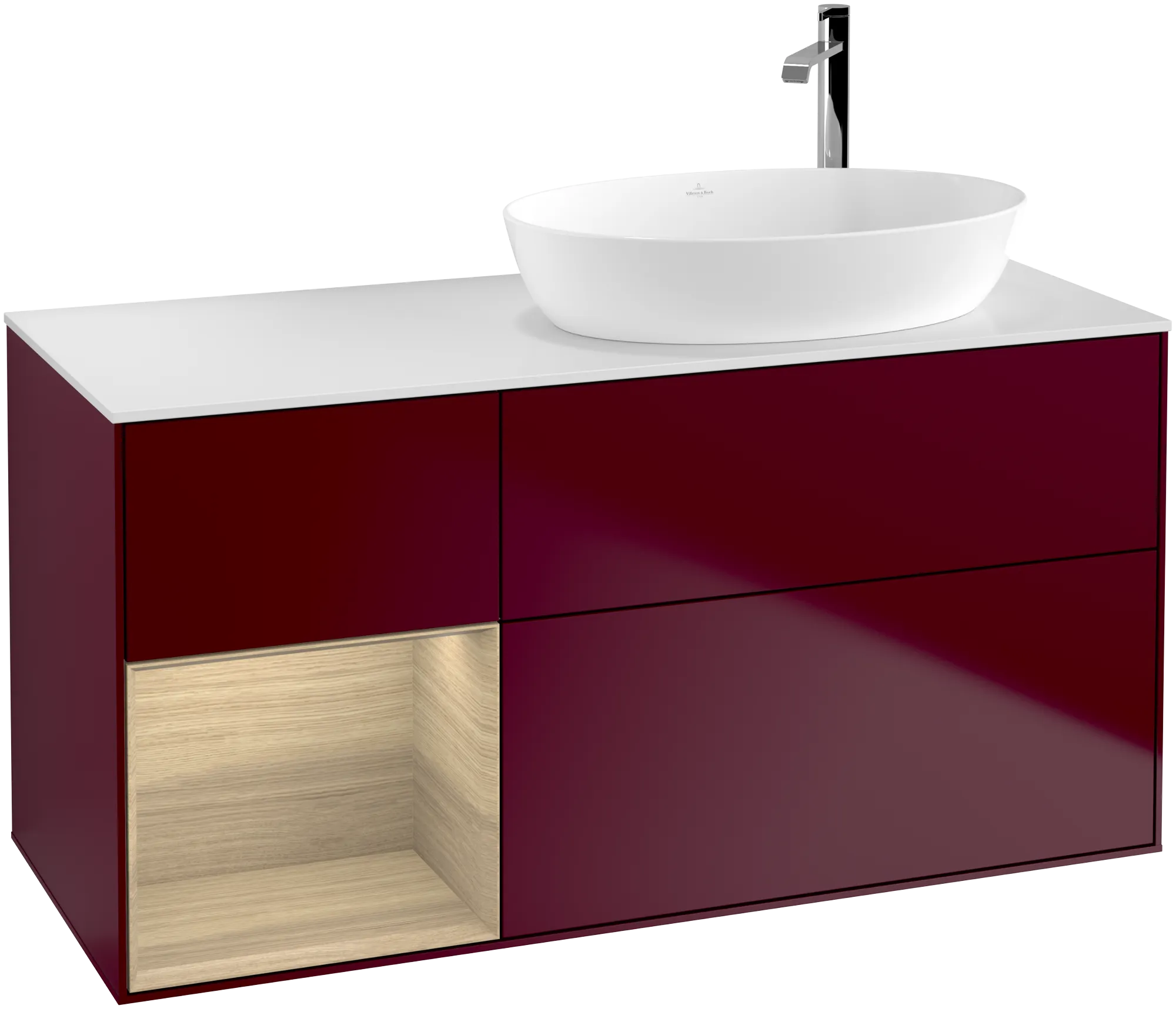 Picture of VILLEROY BOCH Finion Vanity unit, with lighting, 3 pull-out compartments, 1200 x 603 x 501 mm, Peony Matt Lacquer / Oak Veneer / Glass White Matt #G921PCHB