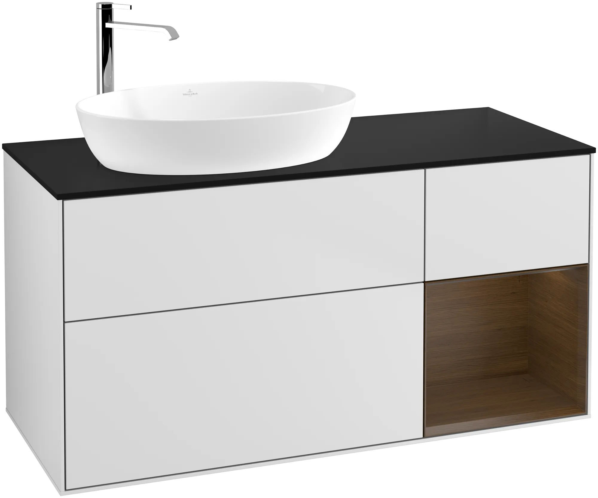 Picture of VILLEROY BOCH Finion Vanity unit, with lighting, 3 pull-out compartments, 1200 x 603 x 501 mm, White Matt Lacquer / Walnut Veneer / Glass Black Matt #G932GNMT