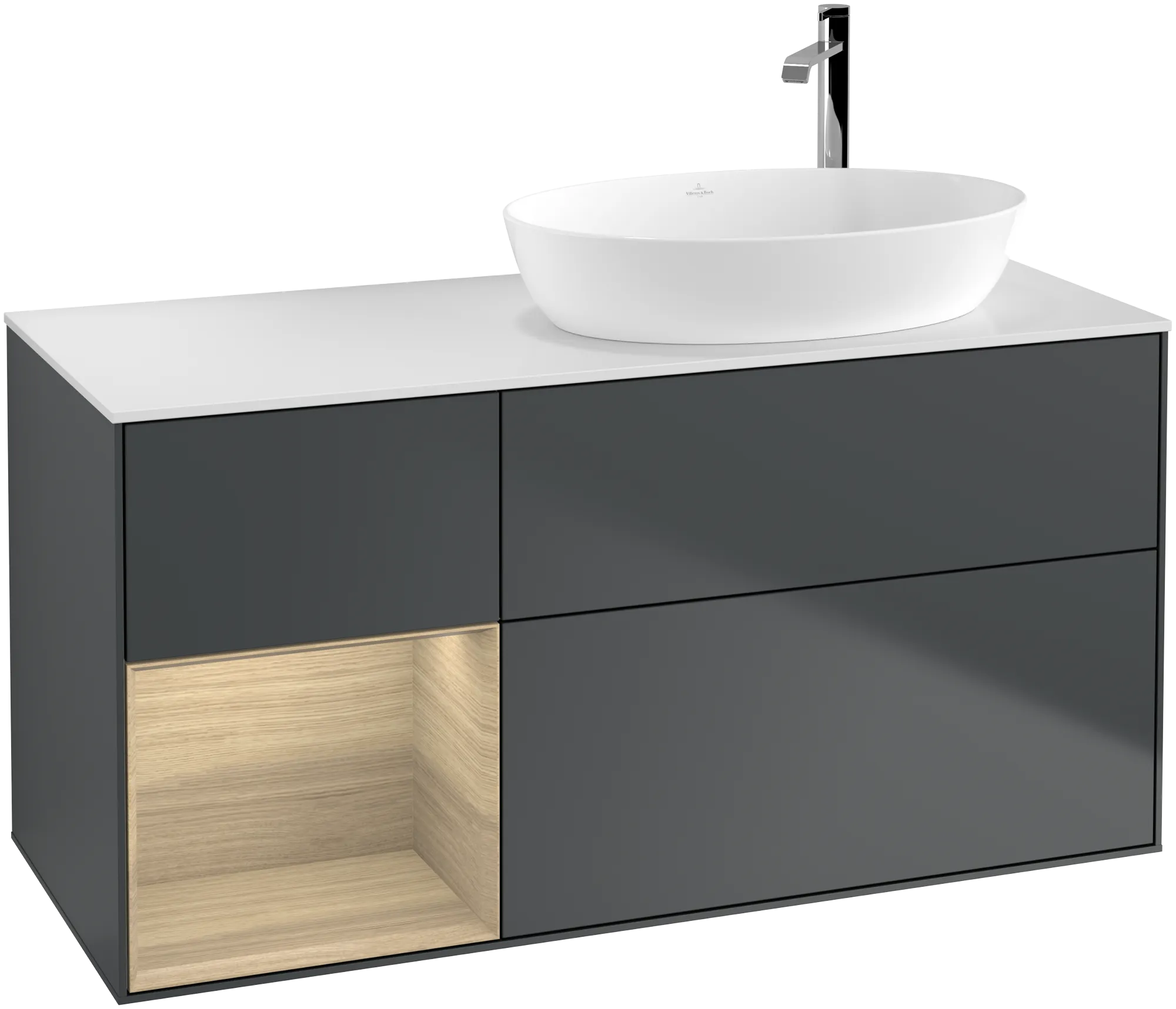 Picture of VILLEROY BOCH Finion Vanity unit, with lighting, 3 pull-out compartments, 1200 x 603 x 501 mm, Midnight Blue Matt Lacquer / Oak Veneer / Glass White Matt #G921PCHG