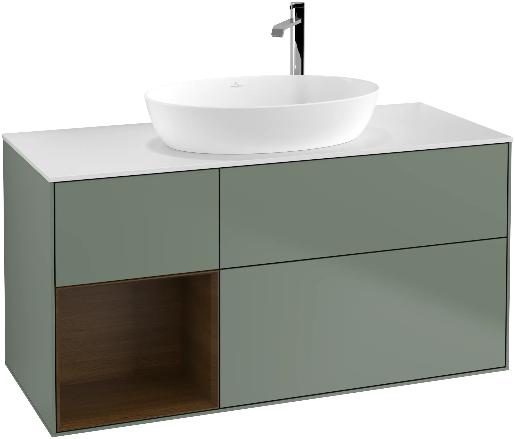 Picture of VILLEROY BOCH Finion Vanity unit, with lighting, 3 pull-out compartments, 1200 x 603 x 501 mm, Olive Matt Lacquer / Walnut Veneer / Glass White Matt #G941GNGM