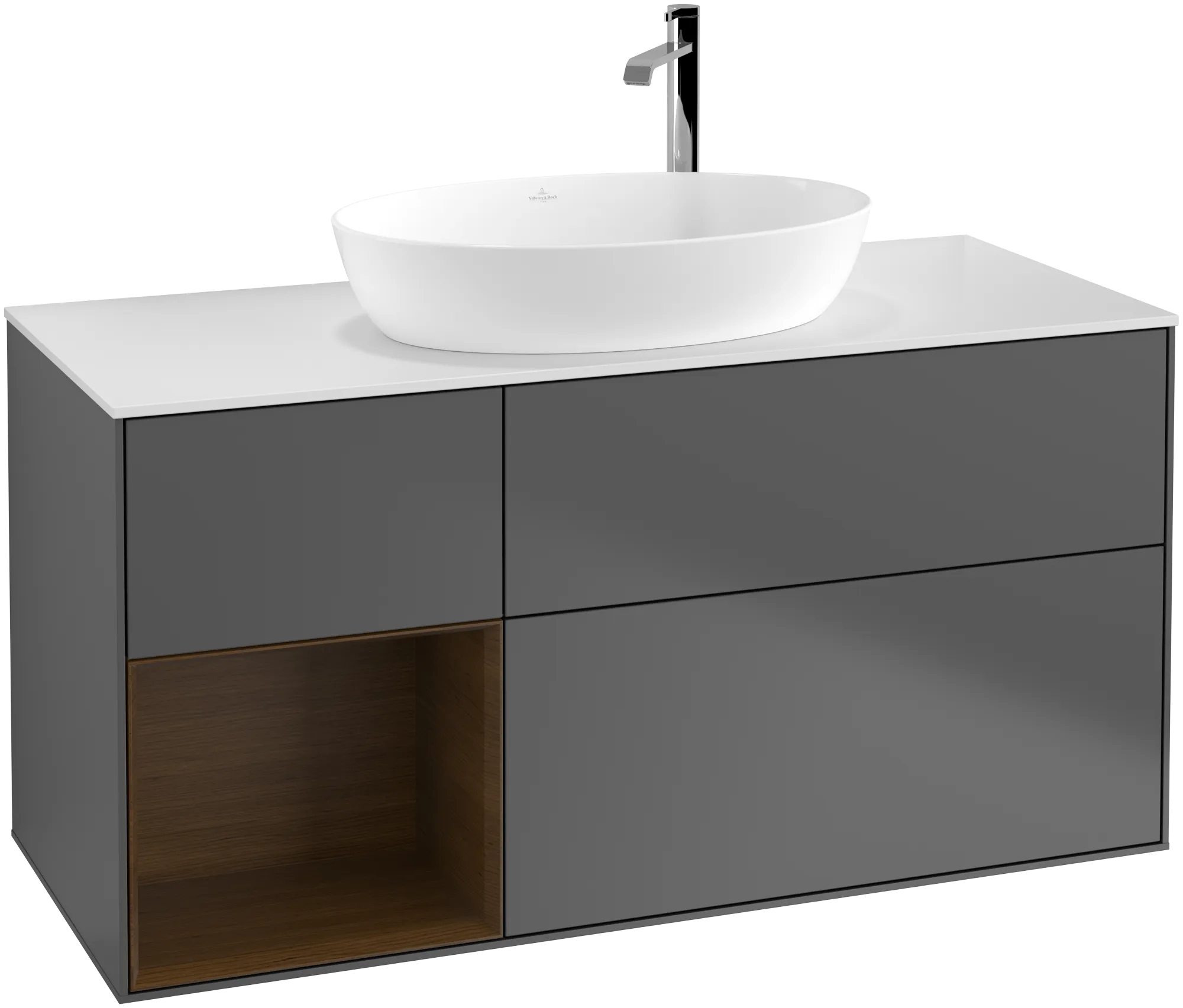 Picture of VILLEROY BOCH Finion Vanity unit, with lighting, 3 pull-out compartments, 1200 x 603 x 501 mm, Anthracite Matt Lacquer / Walnut Veneer / Glass White Matt #G941GNGK