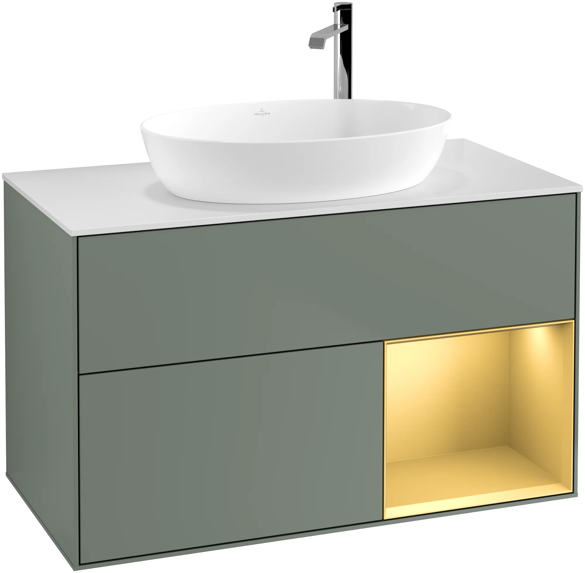 Picture of VILLEROY BOCH Finion Vanity unit, with lighting, 2 pull-out compartments, 1000 x 603 x 501 mm, Olive Matt Lacquer / Gold Matt Lacquer / Glass White Matt #G901HFGM
