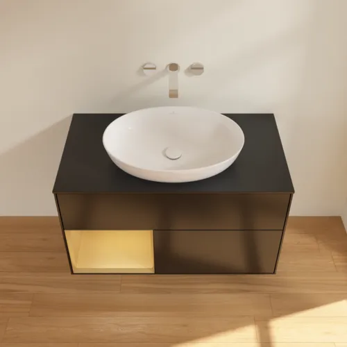 Bild von VILLEROY BOCH Finion Waschbeckenunterschrank, mit Beleuchtung, 2 Auszüge, 1000 x 603 x 501 mm, Black Matt Lacquer / Gold Matt Lacquer / Glass Black Matt #GA12HFPD
