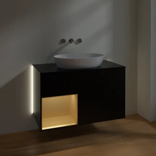Bild von VILLEROY BOCH Finion Waschbeckenunterschrank, mit Beleuchtung, 2 Auszüge, 1000 x 603 x 501 mm, Black Matt Lacquer / Gold Matt Lacquer / Glass Black Matt #GA12HFPD