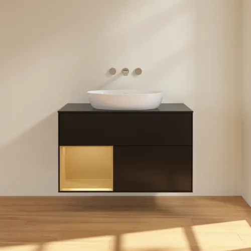 Bild von VILLEROY BOCH Finion Waschbeckenunterschrank, mit Beleuchtung, 2 Auszüge, 1000 x 603 x 501 mm, Black Matt Lacquer / Gold Matt Lacquer / Glass Black Matt #GA12HFPD