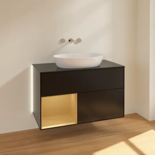 Bild von VILLEROY BOCH Finion Waschbeckenunterschrank, mit Beleuchtung, 2 Auszüge, 1000 x 603 x 501 mm, Black Matt Lacquer / Gold Matt Lacquer / Glass Black Matt #GA12HFPD