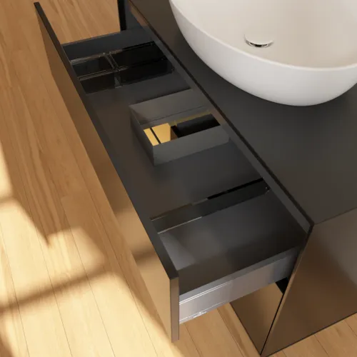 Bild von VILLEROY BOCH Finion Waschbeckenunterschrank, mit Beleuchtung, 2 Auszüge, 1000 x 603 x 501 mm, Black Matt Lacquer / Gold Matt Lacquer / Glass Black Matt #GA12HFPD