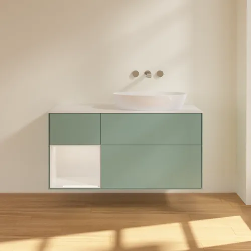 Bild von VILLEROY BOCH Finion Waschbeckenunterschrank, mit Beleuchtung, 3 Auszüge, 1200 x 603 x 501 mm, Olive Matt Lacquer / Glossy White Lacquer / Glass White Matt #GA41GFGM