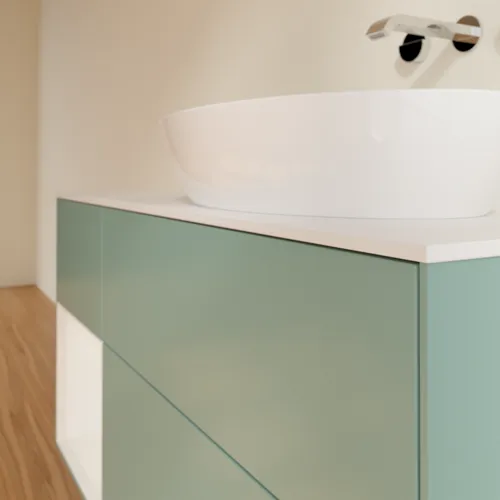 Bild von VILLEROY BOCH Finion Waschbeckenunterschrank, mit Beleuchtung, 3 Auszüge, 1200 x 603 x 501 mm, Olive Matt Lacquer / Glossy White Lacquer / Glass White Matt #GA41GFGM