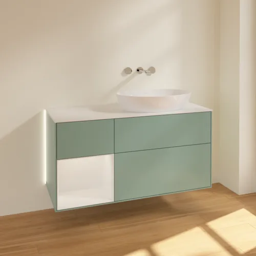 Bild von VILLEROY BOCH Finion Waschbeckenunterschrank, mit Beleuchtung, 3 Auszüge, 1200 x 603 x 501 mm, Olive Matt Lacquer / Glossy White Lacquer / Glass White Matt #GA41GFGM