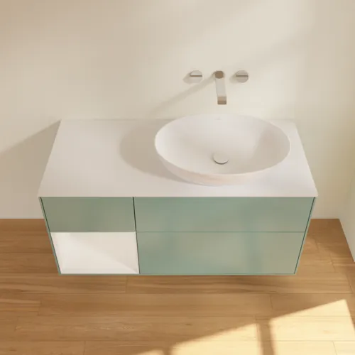 Bild von VILLEROY BOCH Finion Waschbeckenunterschrank, mit Beleuchtung, 3 Auszüge, 1200 x 603 x 501 mm, Olive Matt Lacquer / Glossy White Lacquer / Glass White Matt #GA41GFGM