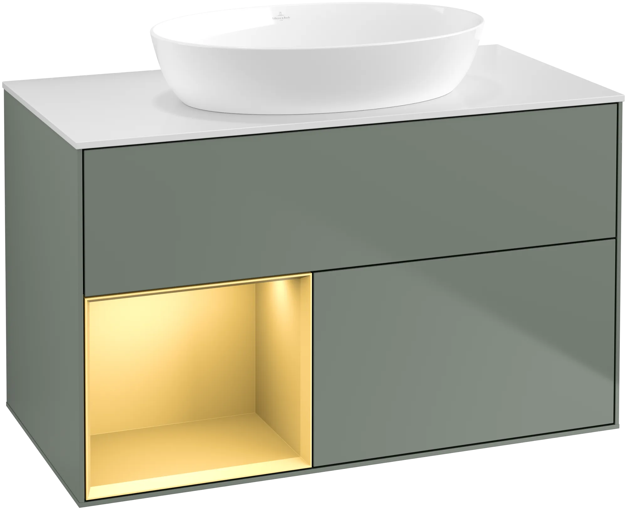 Picture of VILLEROY BOCH Finion Vanity unit, with lighting, 2 pull-out compartments, 1000 x 603 x 501 mm, Olive Matt Lacquer / Gold Matt Lacquer / Glass White Matt #GA11HFGM