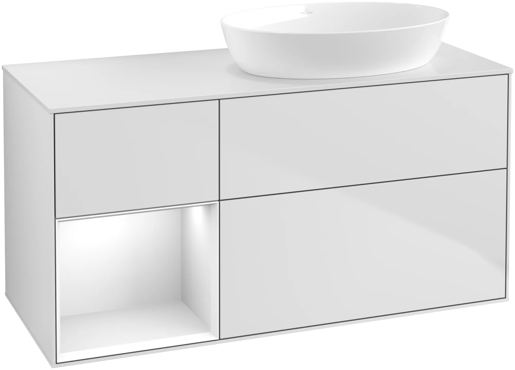 VILLEROY BOCH Finion Vanity unit, with lighting, 3 pull-out compartments, 1200 x 603 x 501 mm, White Matt Lacquer / Glossy White Lacquer / Glass White Matt #GA41GFMT resmi