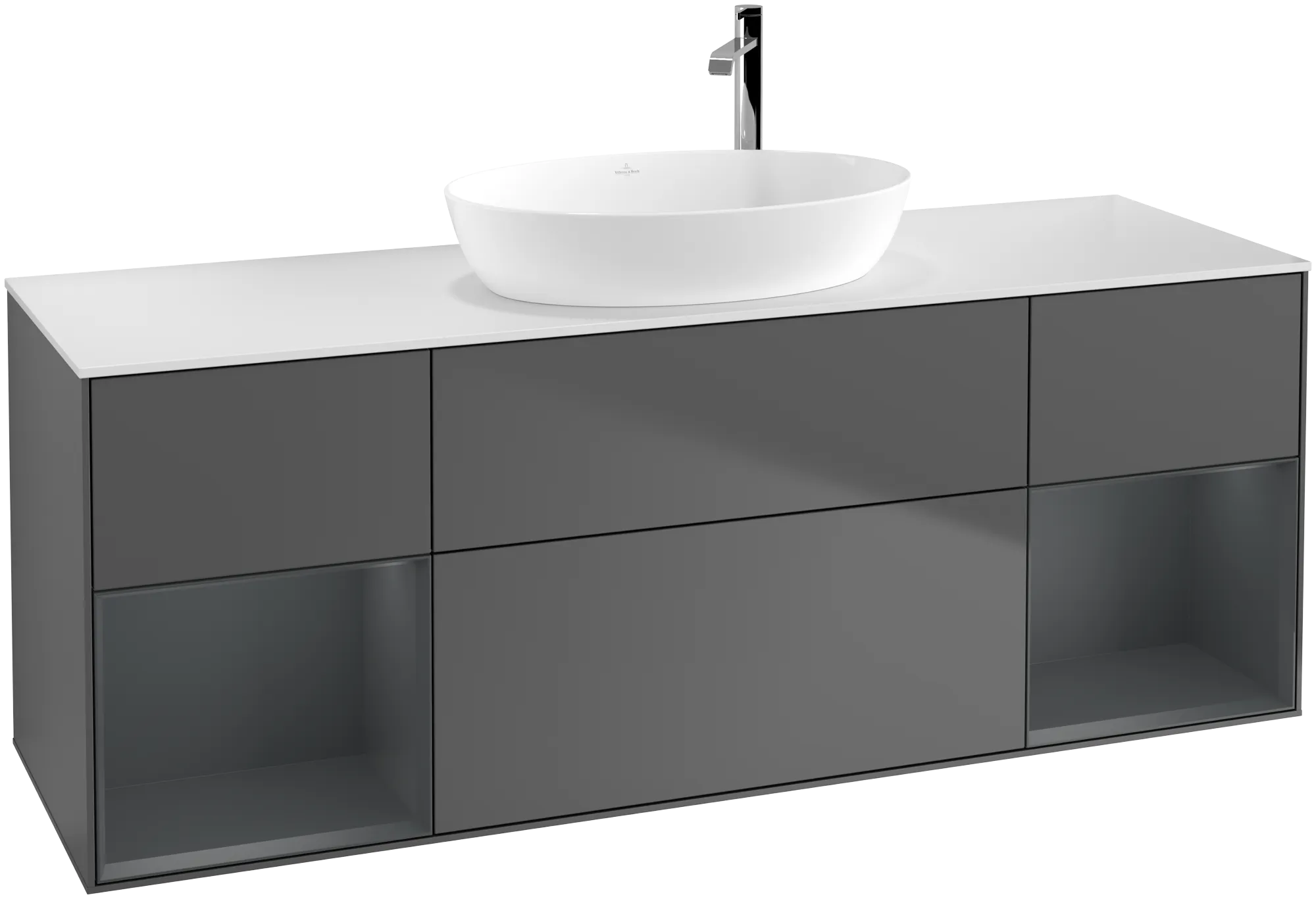 VILLEROY BOCH Finion Vanity unit, with lighting, 4 pull-out compartments, 1600 x 603 x 501 mm, Anthracite Matt Lacquer / Midnight Blue Matt Lacquer / Glass White Matt #G981HGGK resmi