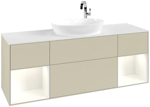 VILLEROY BOCH Finion Vanity unit, with lighting, 4 pull-out compartments, 1600 x 603 x 501 mm, Silk Grey Matt Lacquer / Glossy White Lacquer / Glass White Matt #G981GFHJ resmi