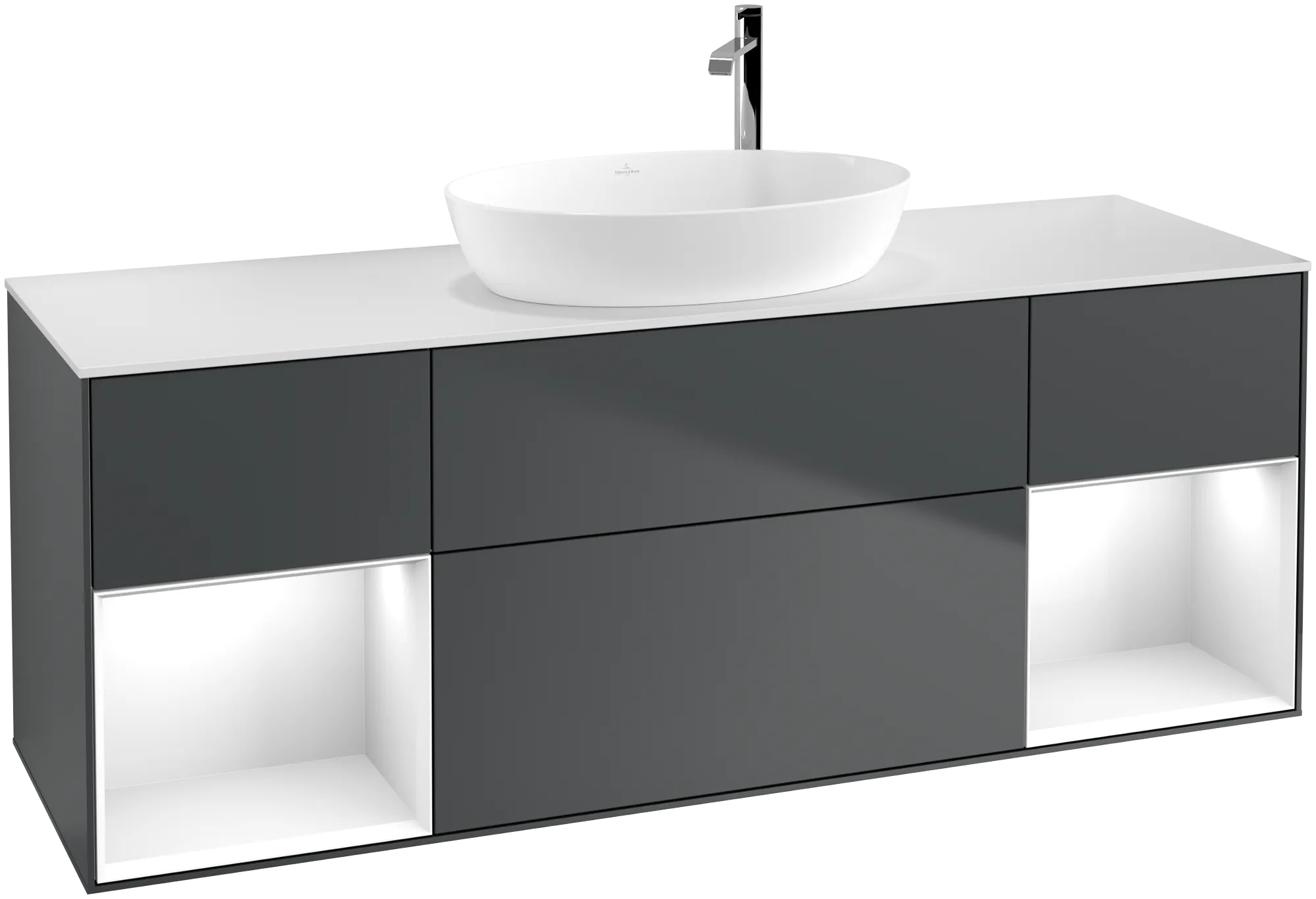 VILLEROY BOCH Finion Vanity unit, with lighting, 4 pull-out compartments, 1600 x 603 x 501 mm, Midnight Blue Matt Lacquer / Glossy White Lacquer / Glass White Matt #G981GFHG resmi