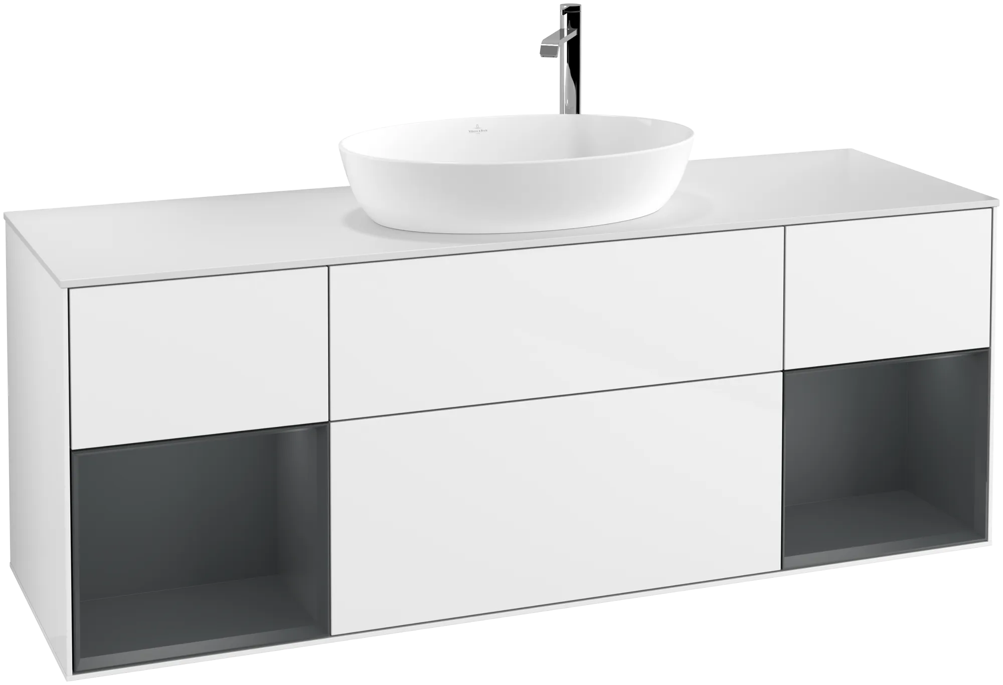 VILLEROY BOCH Finion Vanity unit, with lighting, 4 pull-out compartments, 1600 x 603 x 501 mm, Glossy White Lacquer / Midnight Blue Matt Lacquer / Glass White Matt #G981HGGF resmi