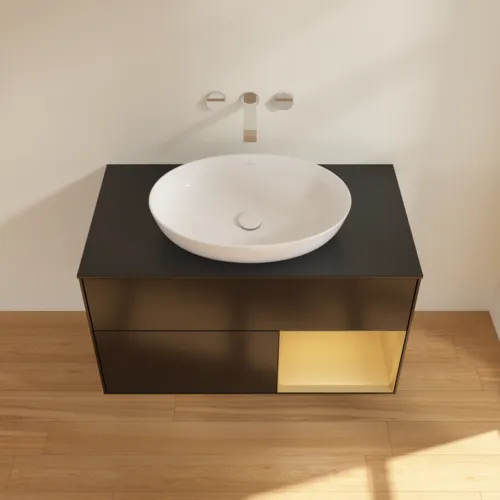 Bild von VILLEROY BOCH Finion Waschbeckenunterschrank, mit Beleuchtung, 2 Auszüge, 1000 x 603 x 501 mm, Black Matt Lacquer / Gold Matt Lacquer / Glass Black Matt #GA22HFPD
