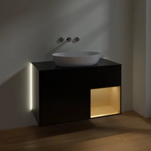 Bild von VILLEROY BOCH Finion Waschbeckenunterschrank, mit Beleuchtung, 2 Auszüge, 1000 x 603 x 501 mm, Black Matt Lacquer / Gold Matt Lacquer / Glass Black Matt #GA22HFPD
