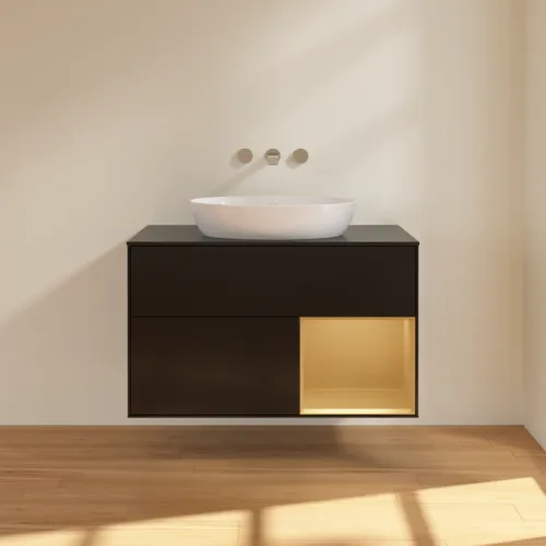 Bild von VILLEROY BOCH Finion Waschbeckenunterschrank, mit Beleuchtung, 2 Auszüge, 1000 x 603 x 501 mm, Black Matt Lacquer / Gold Matt Lacquer / Glass Black Matt #GA22HFPD