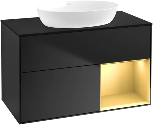 VILLEROY BOCH Finion Vanity unit, with lighting, 2 pull-out compartments, 1000 x 603 x 501 mm, Black Matt Lacquer / Gold Matt Lacquer / Glass Black Matt #GA22HFPD resmi