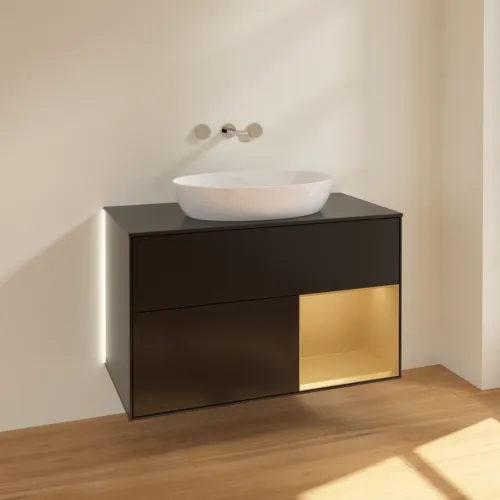 Bild von VILLEROY BOCH Finion Waschbeckenunterschrank, mit Beleuchtung, 2 Auszüge, 1000 x 603 x 501 mm, Black Matt Lacquer / Gold Matt Lacquer / Glass Black Matt #GA22HFPD
