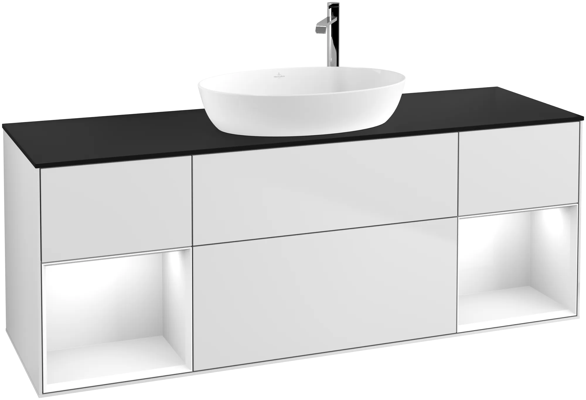VILLEROY BOCH Finion Vanity unit, with lighting, 4 pull-out compartments, 1600 x 603 x 501 mm, White Matt Lacquer / Glossy White Lacquer / Glass Black Matt #G982GFMT resmi