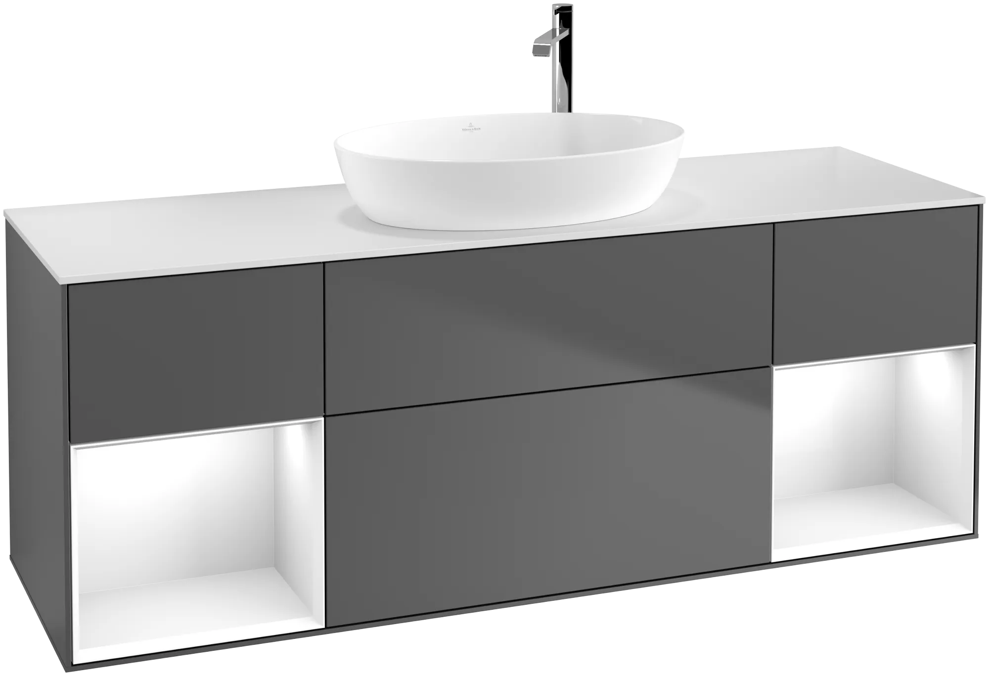 VILLEROY BOCH Finion Vanity unit, with lighting, 4 pull-out compartments, 1600 x 603 x 501 mm, Anthracite Matt Lacquer / Glossy White Lacquer / Glass White Matt #G981GFGK resmi