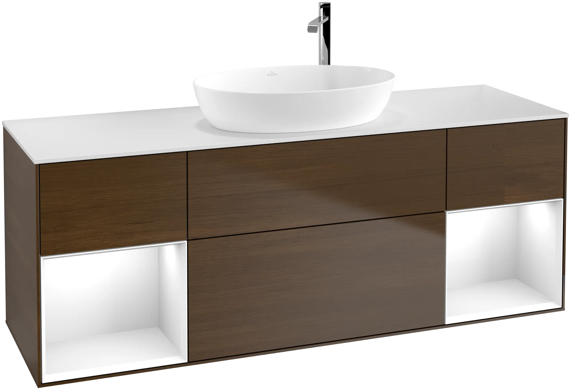 VILLEROY BOCH Finion Vanity unit, with lighting, 4 pull-out compartments, 1600 x 603 x 501 mm, Walnut Veneer / Glossy White Lacquer / Glass White Matt #G981GFGN resmi