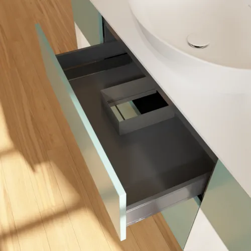 Bild von VILLEROY BOCH Finion Waschbeckenunterschrank, mit Beleuchtung, 4 Auszüge, 1600 x 603 x 501 mm, Olive Matt Lacquer / Glossy White Lacquer / Glass White Matt #G981GFGM